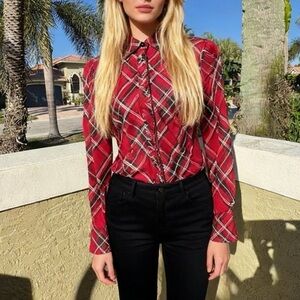 100% Silk Jones New York Red Plaid Button Down Shirt Sz PS